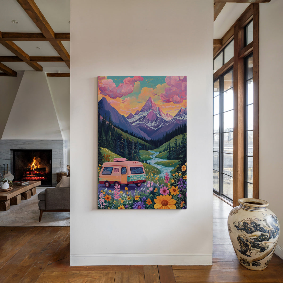 Vibrant Camper Van Landscape Canvas Art