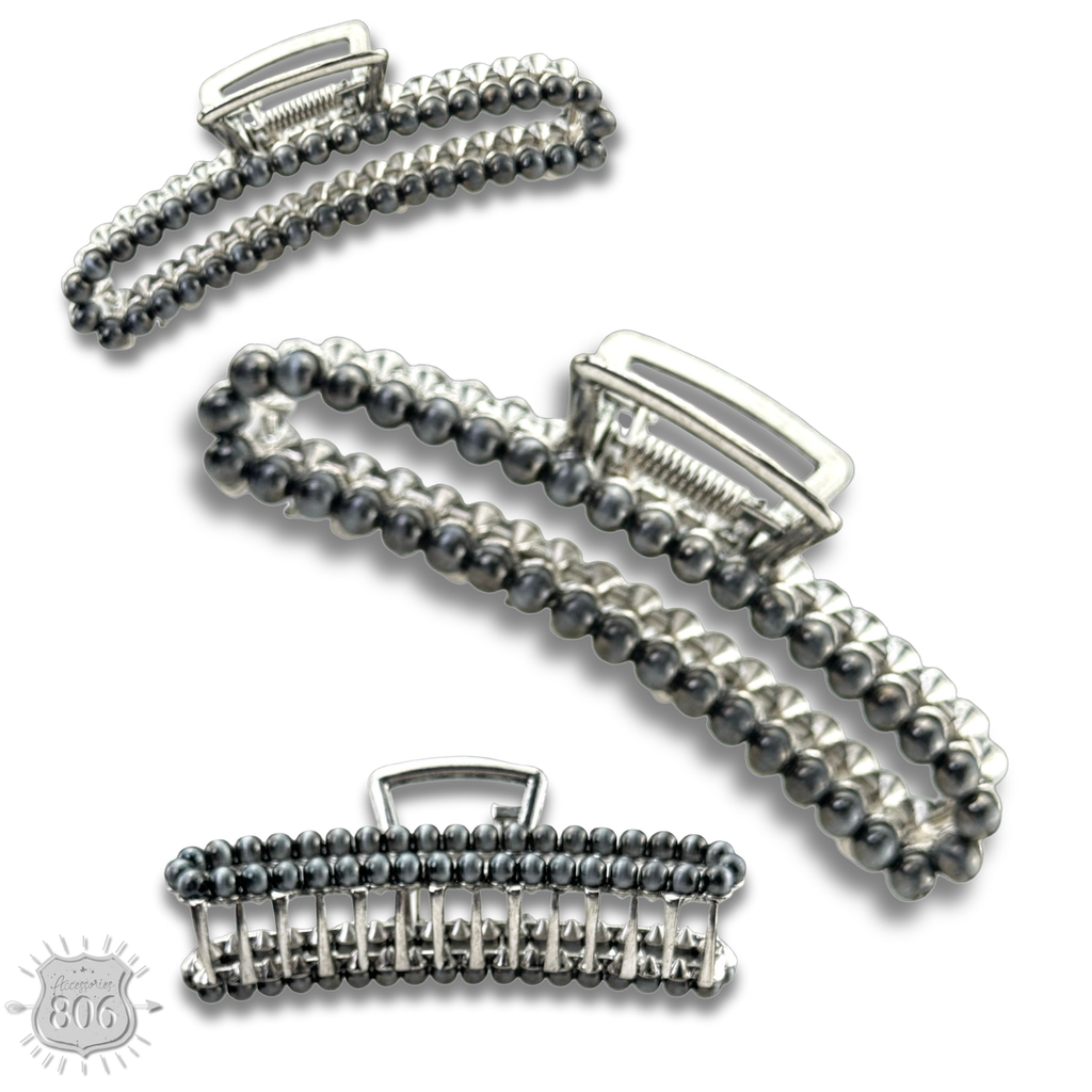 Large silver bead rectangle hair clip