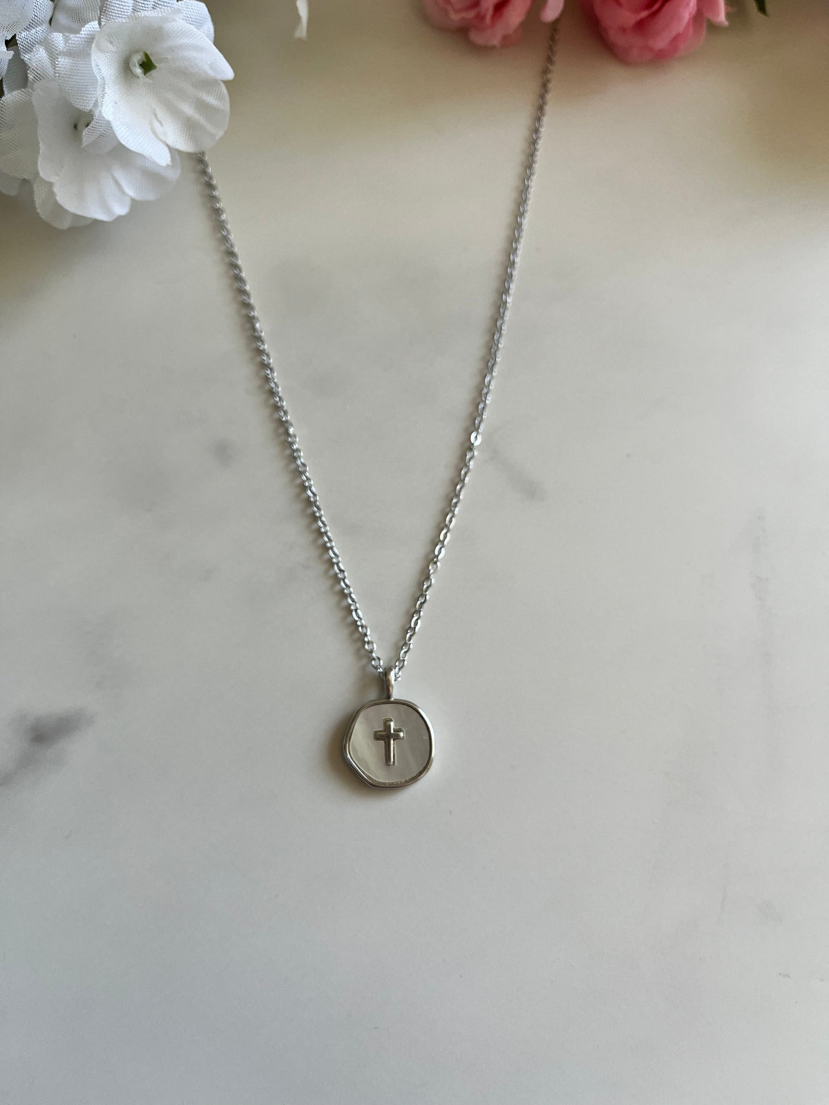Silver Necklace Pearl Cross Pendant - Hypoallergenic and Timeless