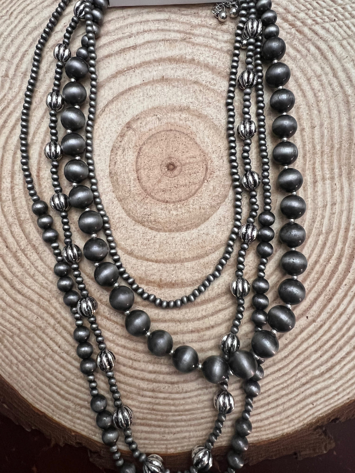 Faux Sterling Pearl Layered Necklace Set — 4-Piece Burnished Silver Western Layering Set (16" / 18" / 20" / 22")