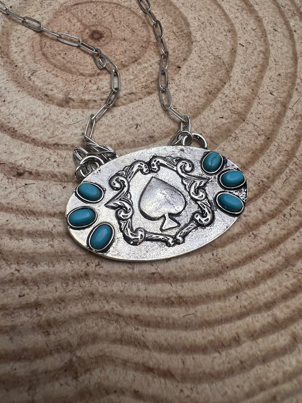 Western Spade Pendant Necklace with Faux Turquoise — 18 Inch Silver-Tone Statement