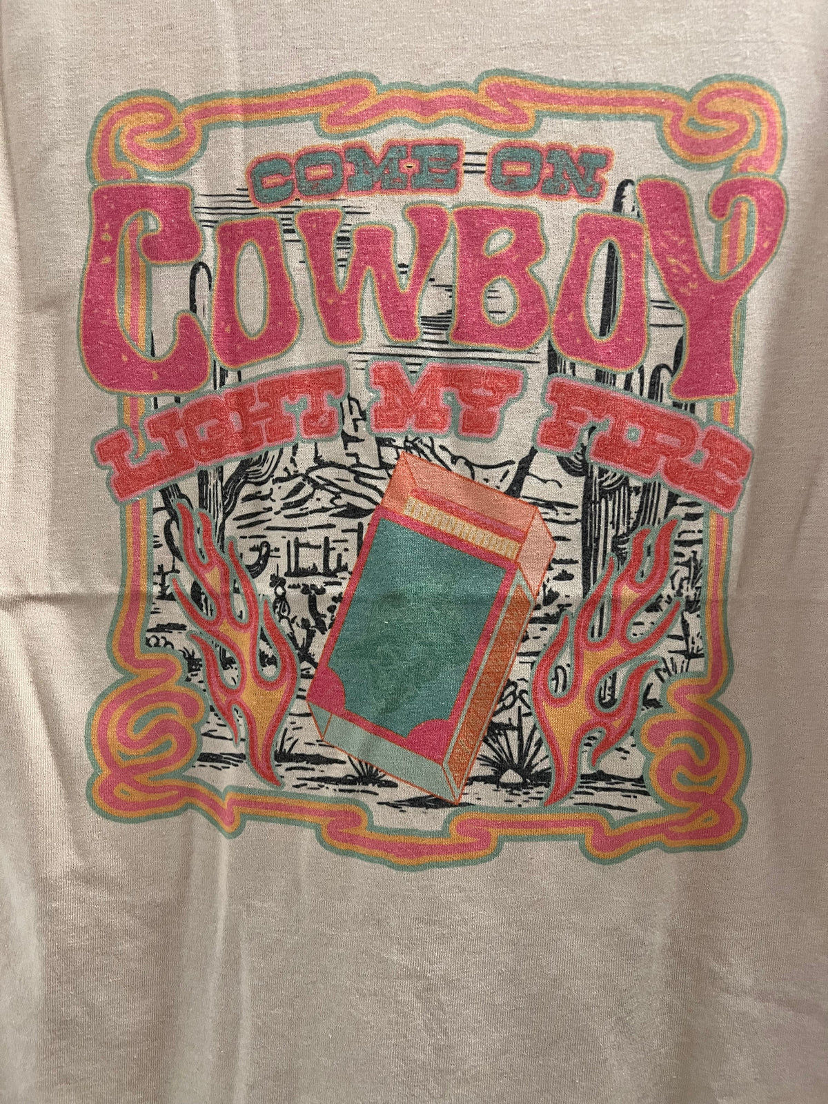 "Come on Cowboy, Light My Fire" Retro Western Graphic Tee — Off-White Jerzees Vintage Cowboy Core