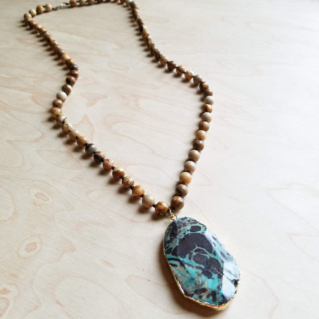 Bohemian Beaded Jasper Necklace with Ocean Agate Pendant 245u