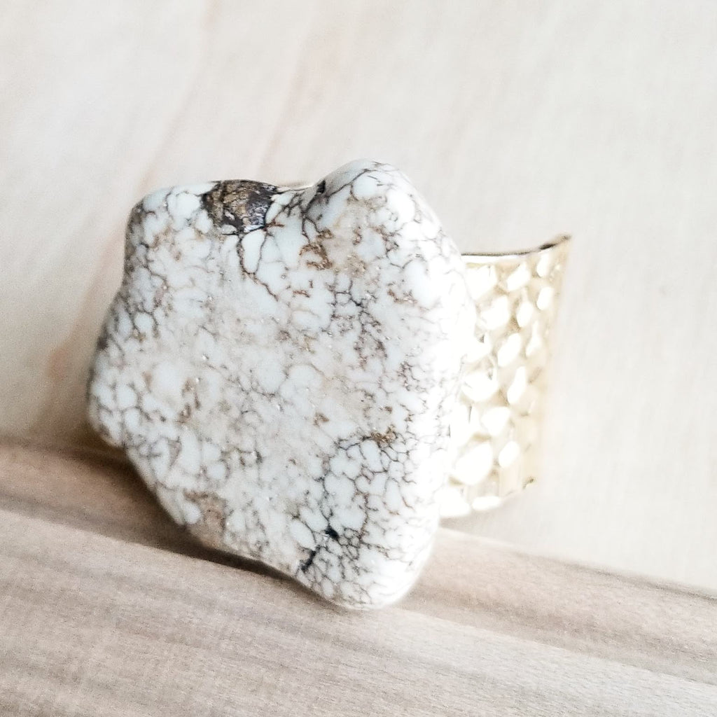 Chunky White Turquoise Slab on Hammered Gold Cuff RingBase 012s