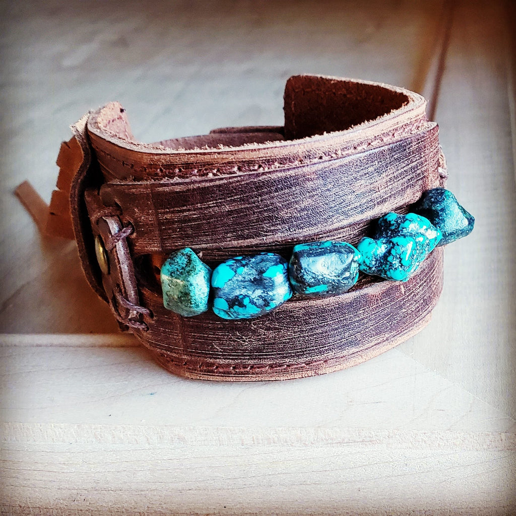 **Genuine Leather Wide Cuff Bracelet w/ Natural Turquoise Chunks 006p