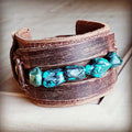 **Genuine Leather Wide Cuff Bracelet w/ Natural Turquoise Chunks 006p