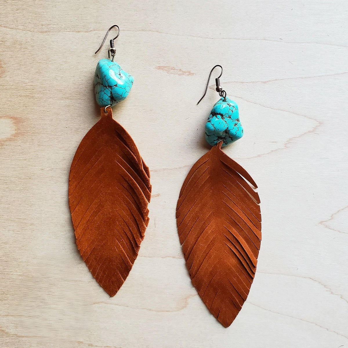 Tan Suede Feather Earrings with Turquoise Chunks (201h)