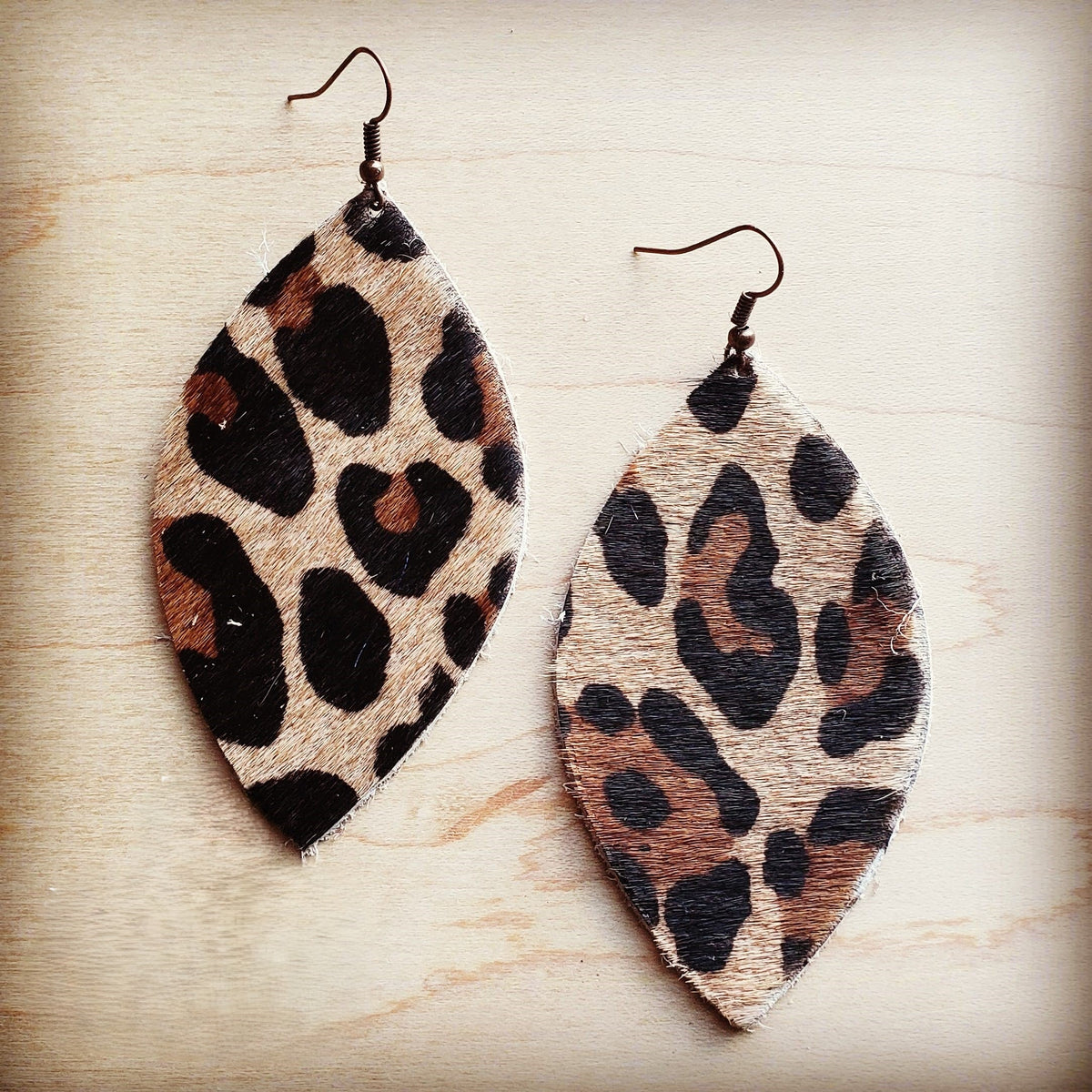 **Leather Oval Earrings in Leopard Print Hair on Hide 216z