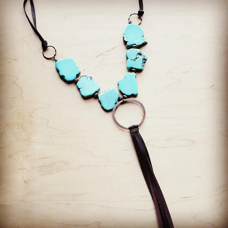 Blue Turquoise Slab Necklace with Long Leather Tassel 226G