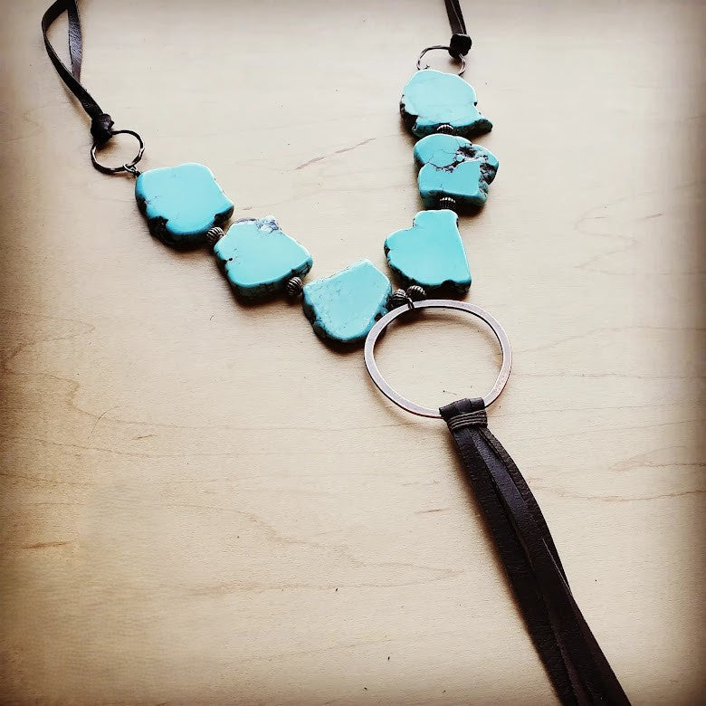 Blue Turquoise Slab Necklace with Long Leather Tassel 226G