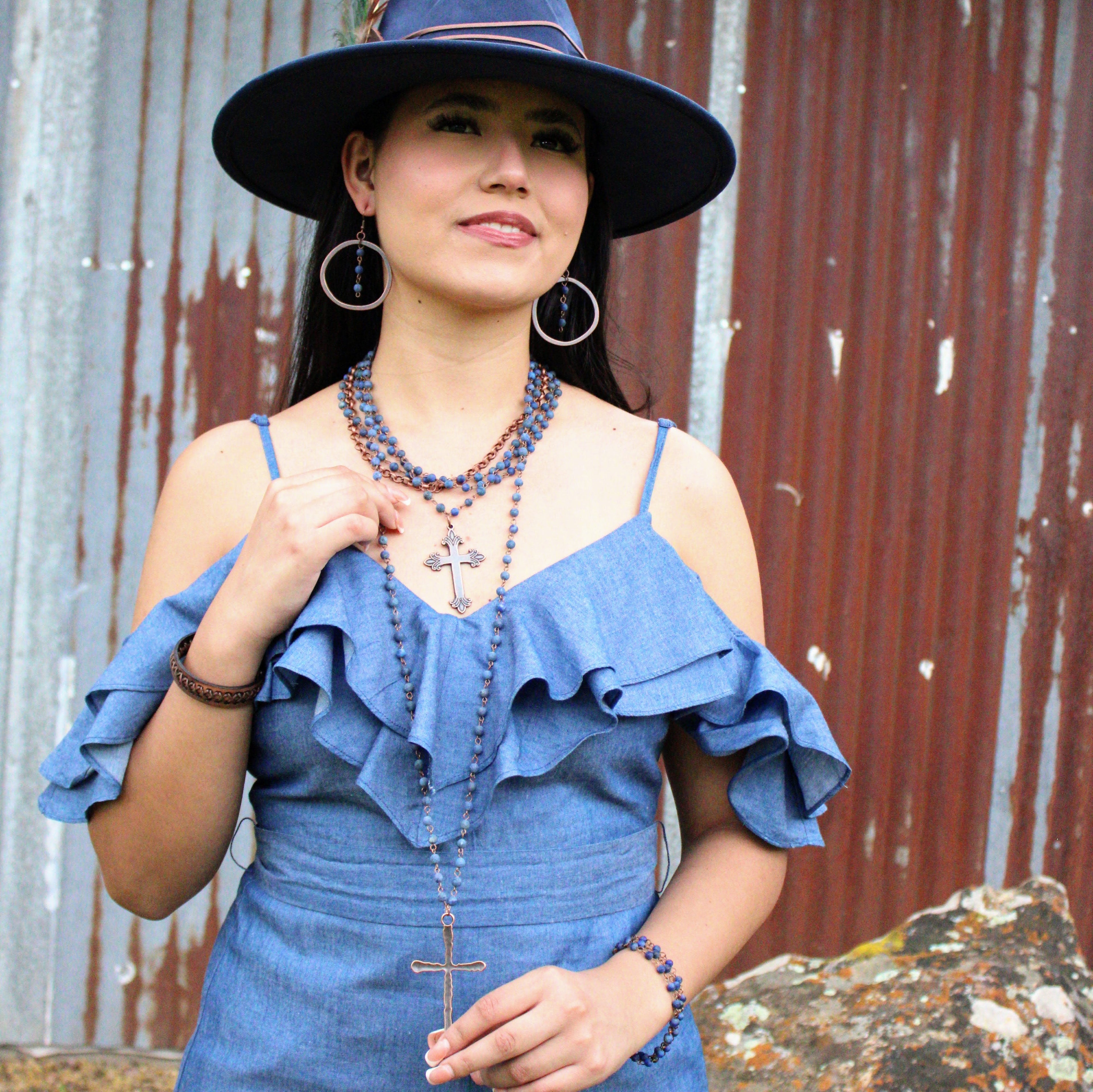Blue Lapis Collar-Length Necklace with Copper Cross 255v