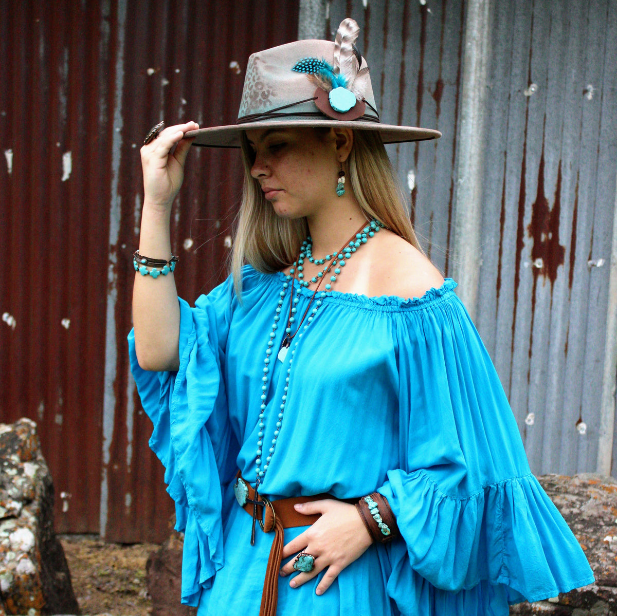 Suede Leather Belt with Leather Fringe Closure and Turq Slab 908s