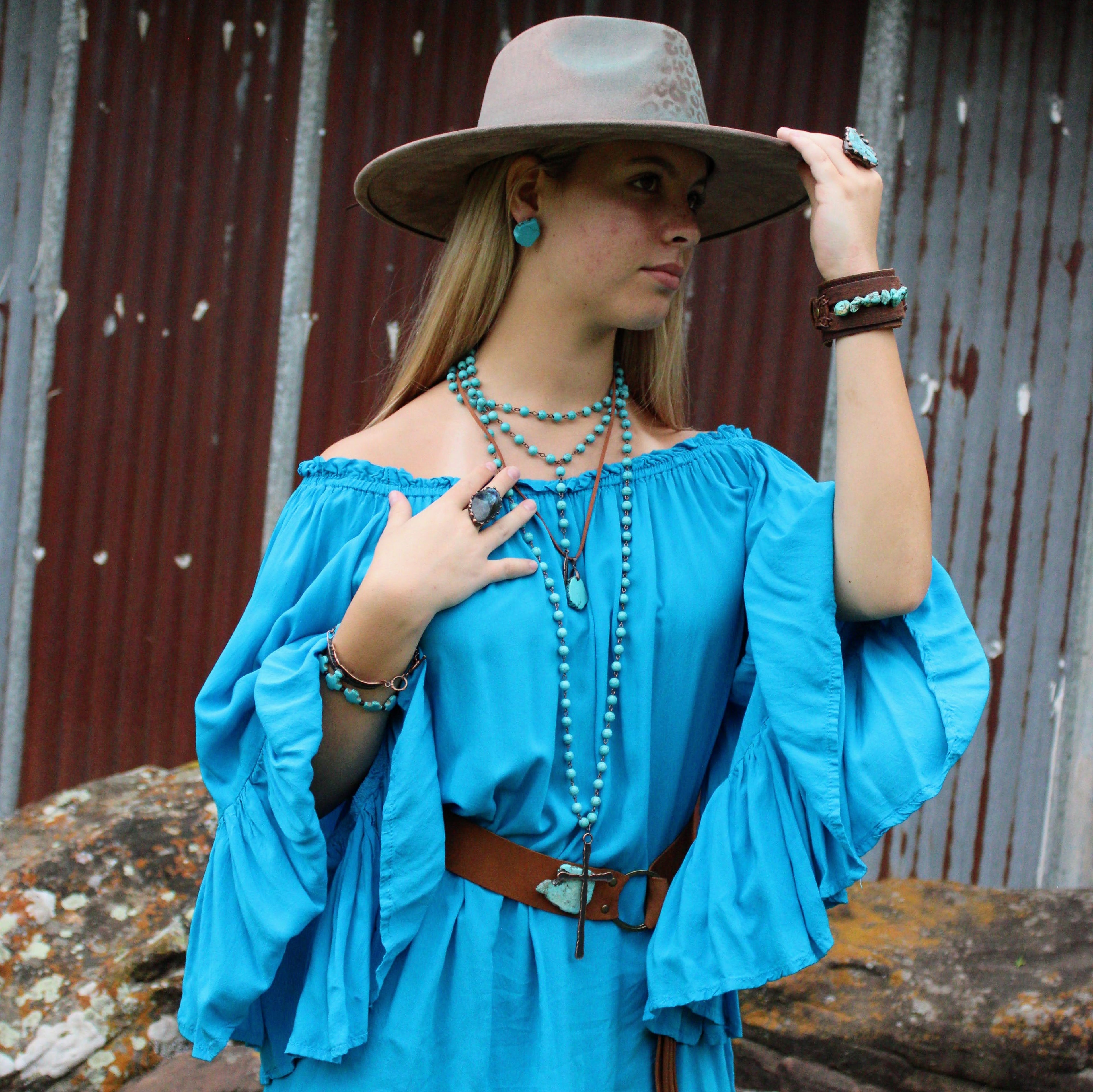 Suede Leather Belt with Leather Fringe Closure and Turq Slab 908s