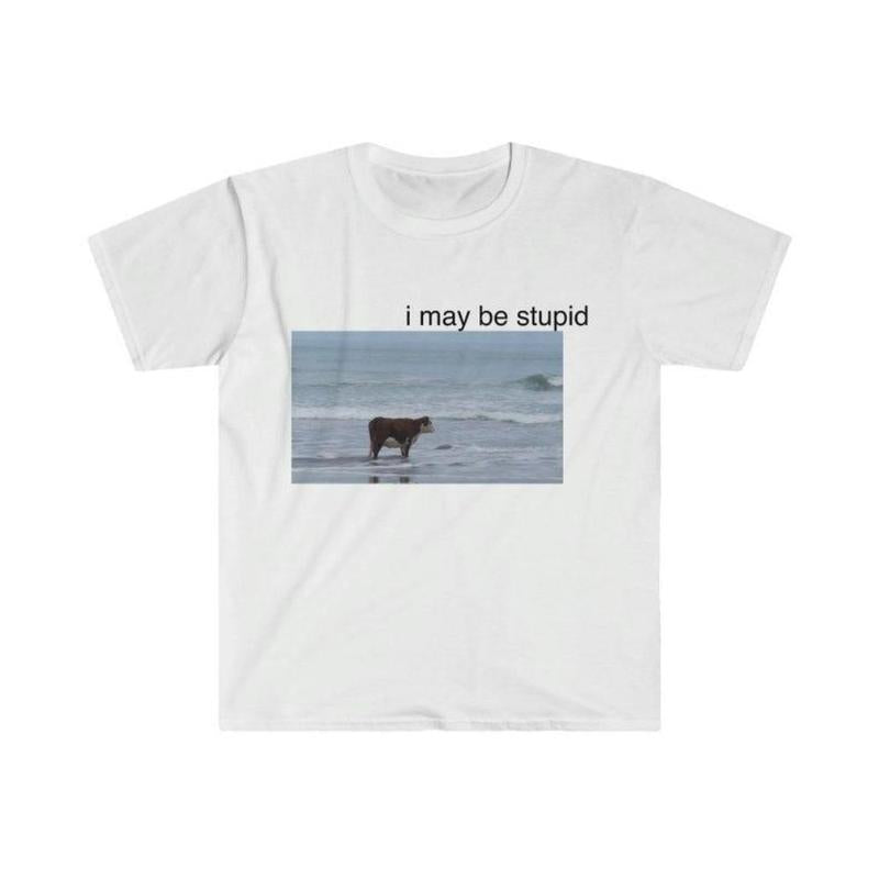 I May Be Stupid Funny Cow Beach T-Shirt – Meme-Inspired Graphic Tee, Unisex Cotton Top