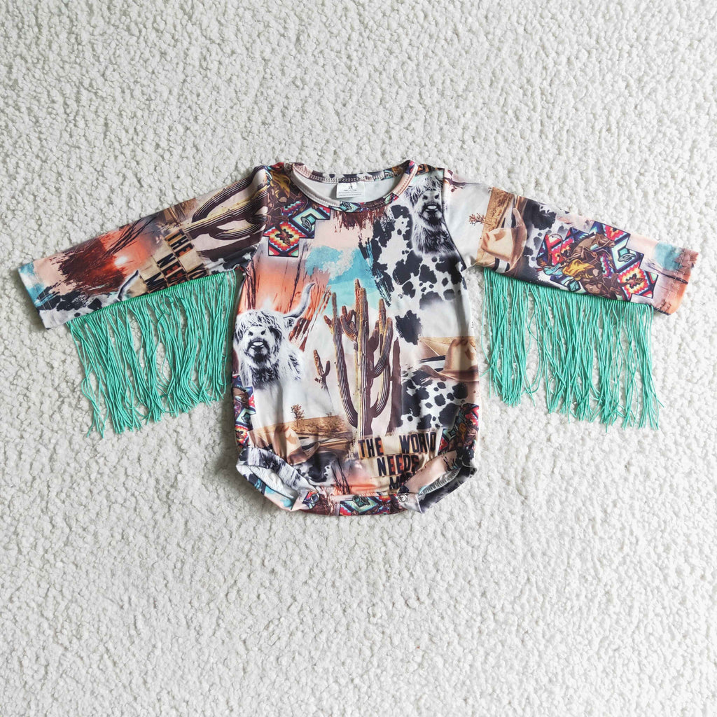 Highland cow cactus tassels baby girls romper