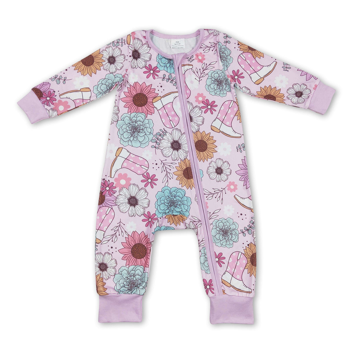 Pink flower boots western baby girls zipper romper