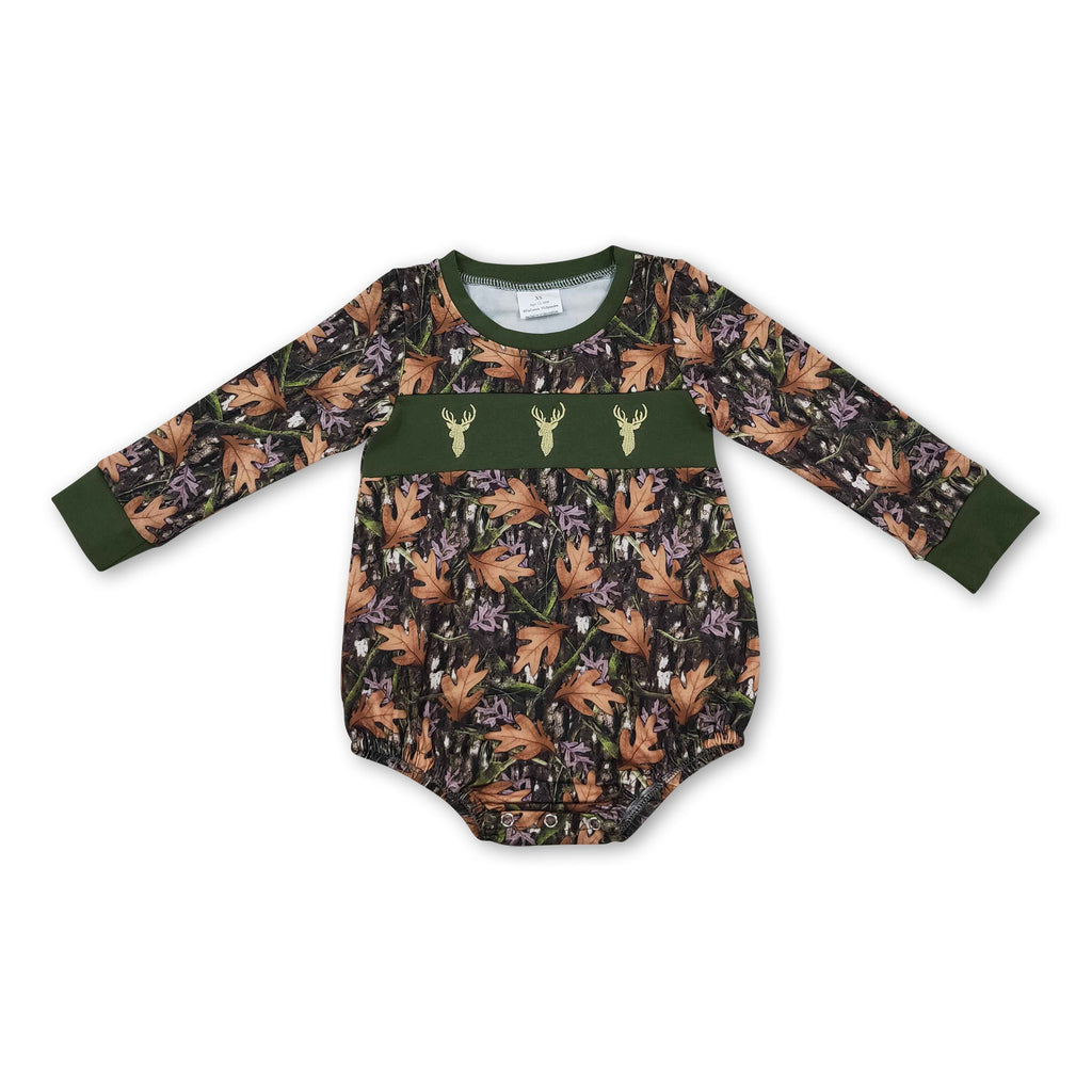 deer smock long sleeves leaves baby boy romper