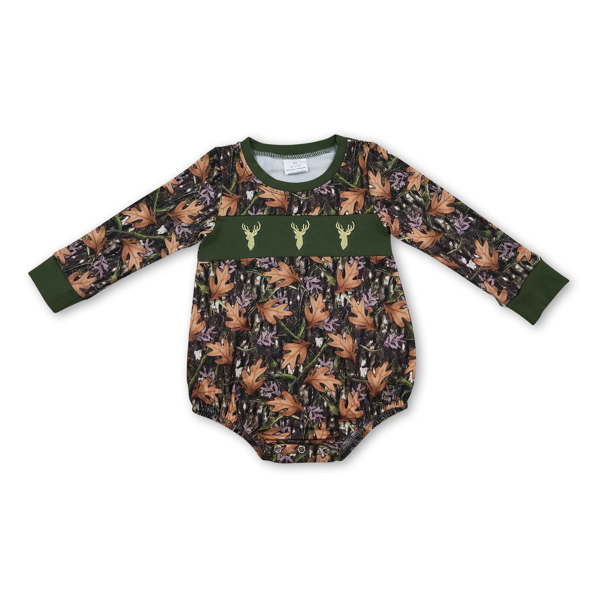 deer smock long sleeves leaves baby boy romper