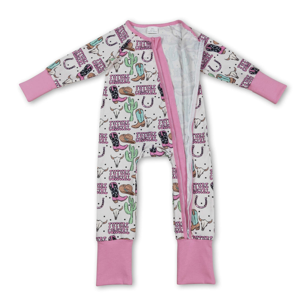 Long sleeves boots bull skull western baby girl zipper romper