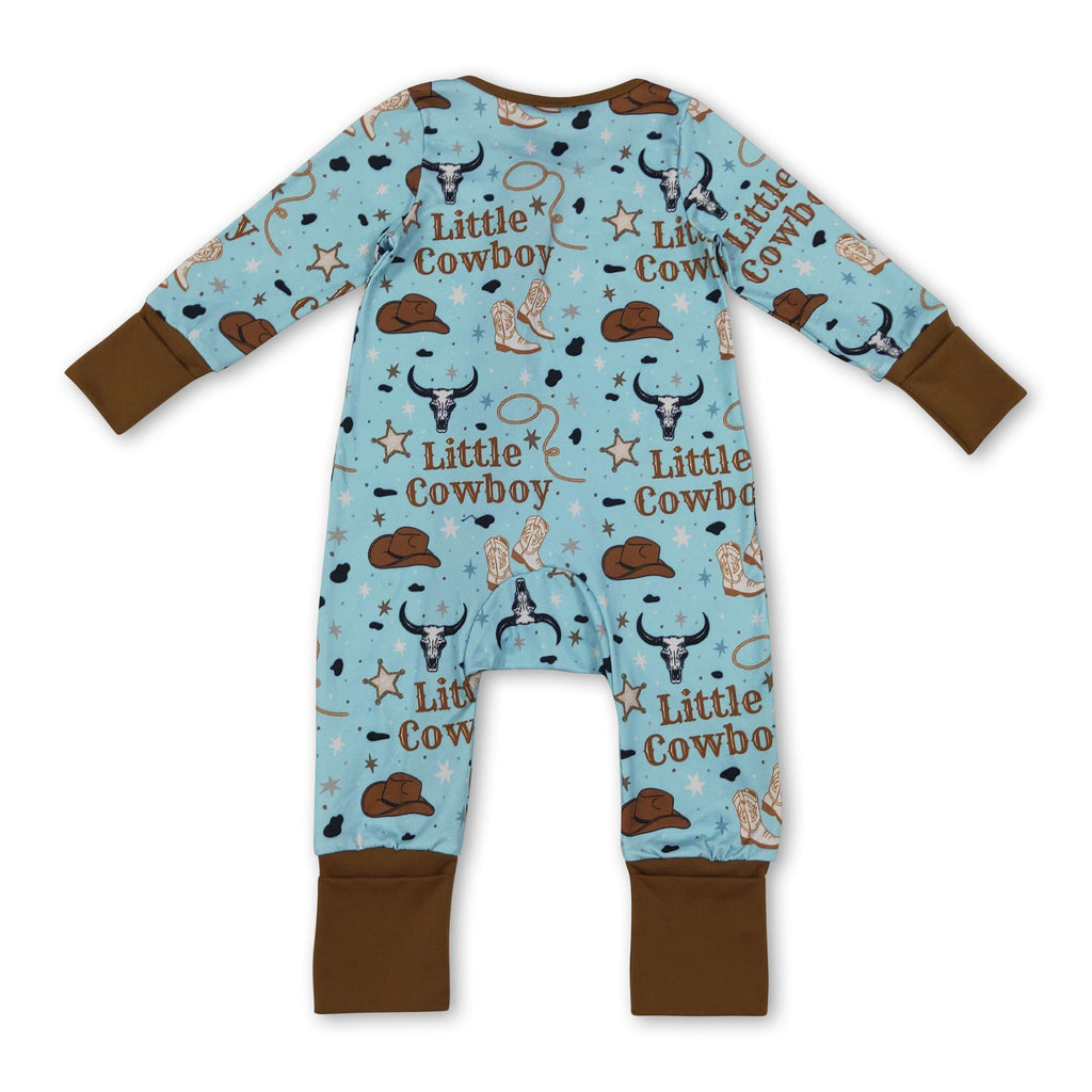 Little cowboy bull skull western baby boy zipper romper