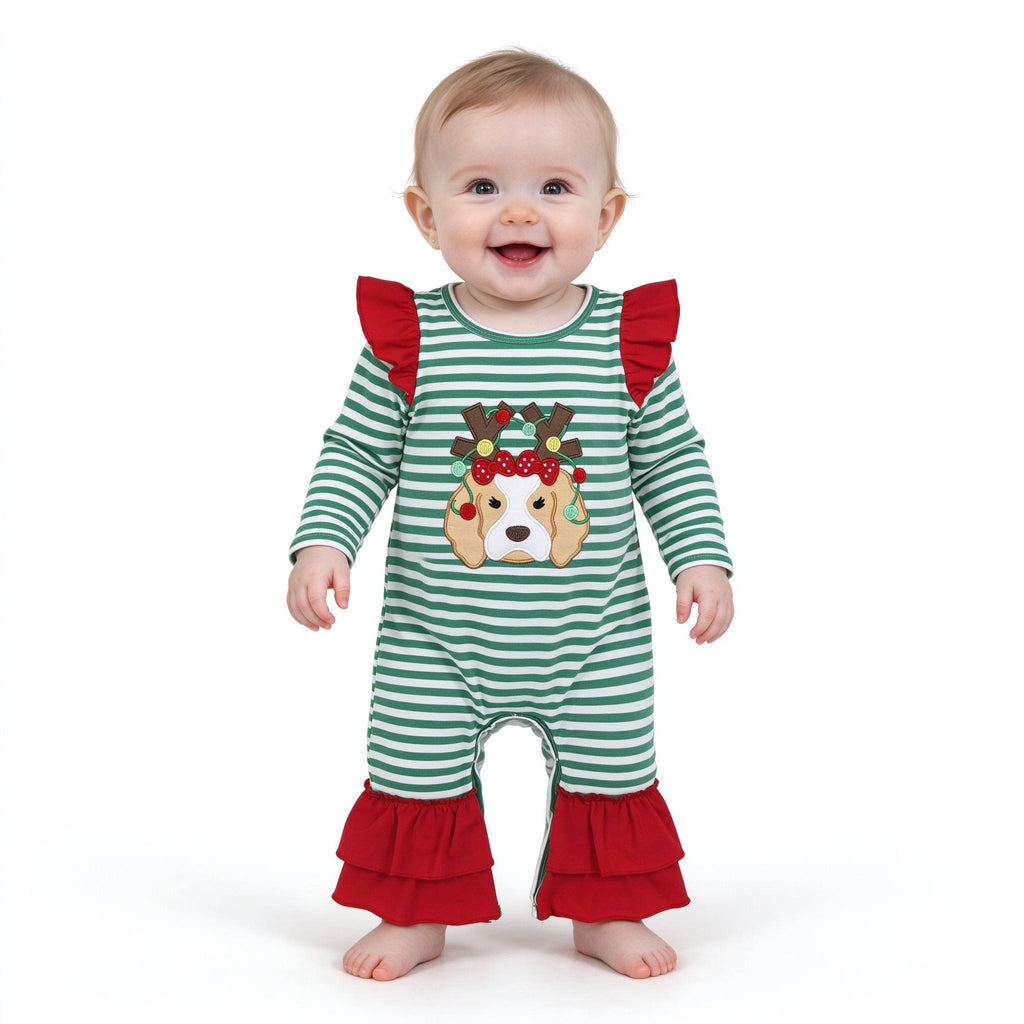 Dog Christmas lighting embroidery baby girls romper