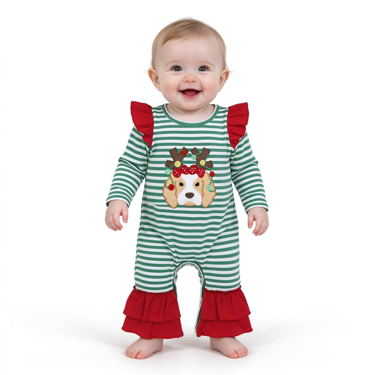 Dog Christmas lighting embroidery baby girls romper