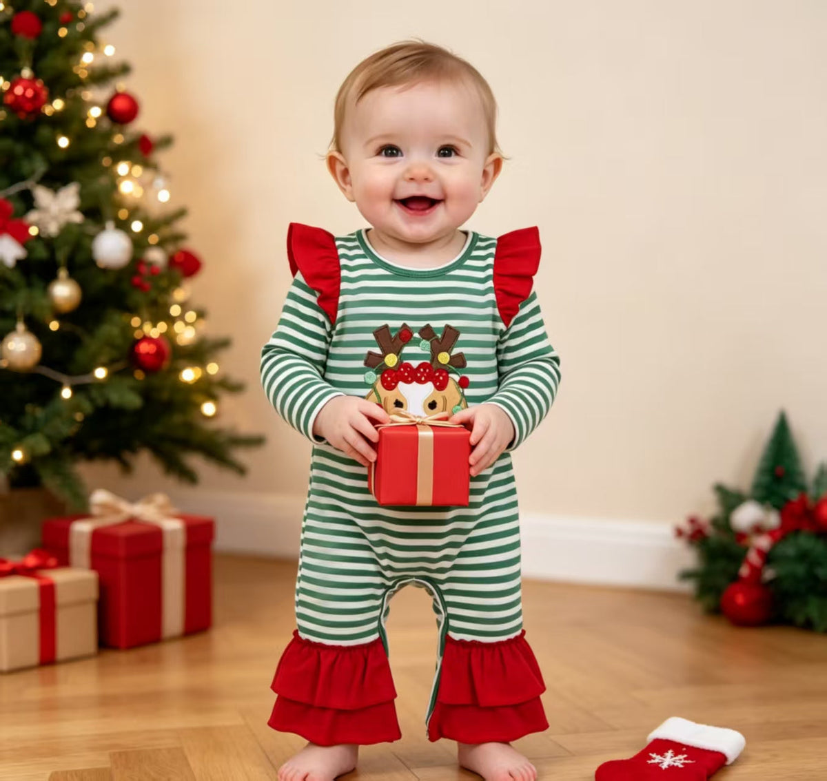 Dog Christmas lighting embroidery baby girls romper