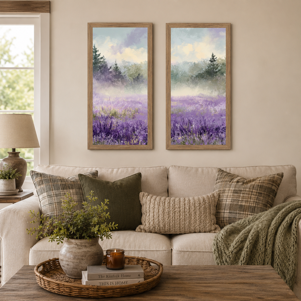 Lavender Field Wall Art – Misty Purple Wildflower Forest Tall Portrait Farmhouse Floral Decor (SB746)