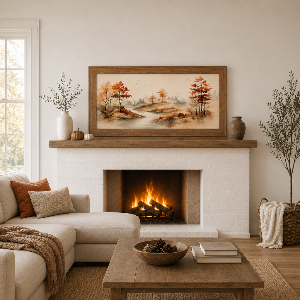 Autumn River Landscape Wall Art – Watercolor Fall Scenic Wide Landscape Farmhouse Decor (SB764)