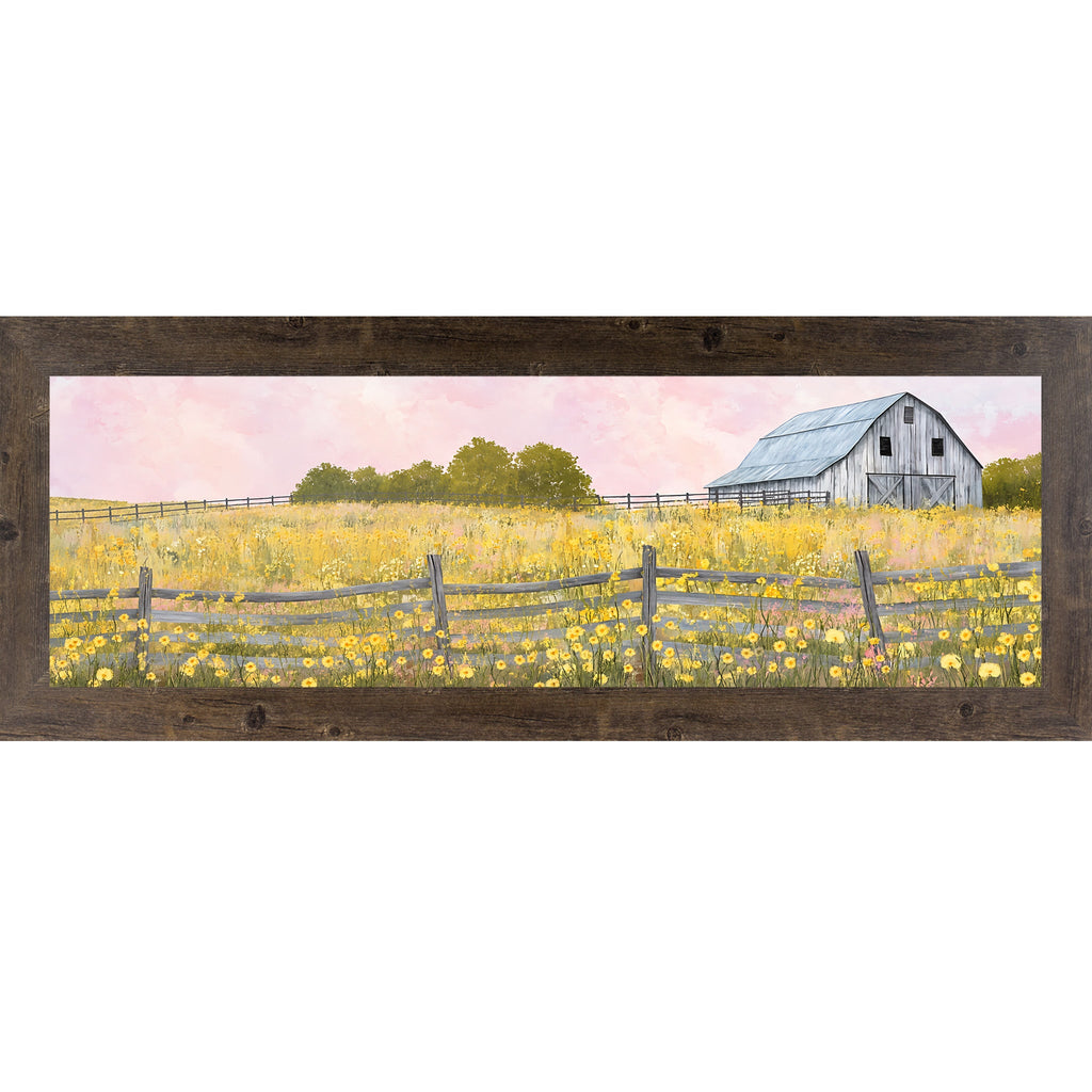 Yellow Wildflower Barn Wide Landscape Wall Art – Farmhouse Summer Scenic Panoramic Decor (SB950)