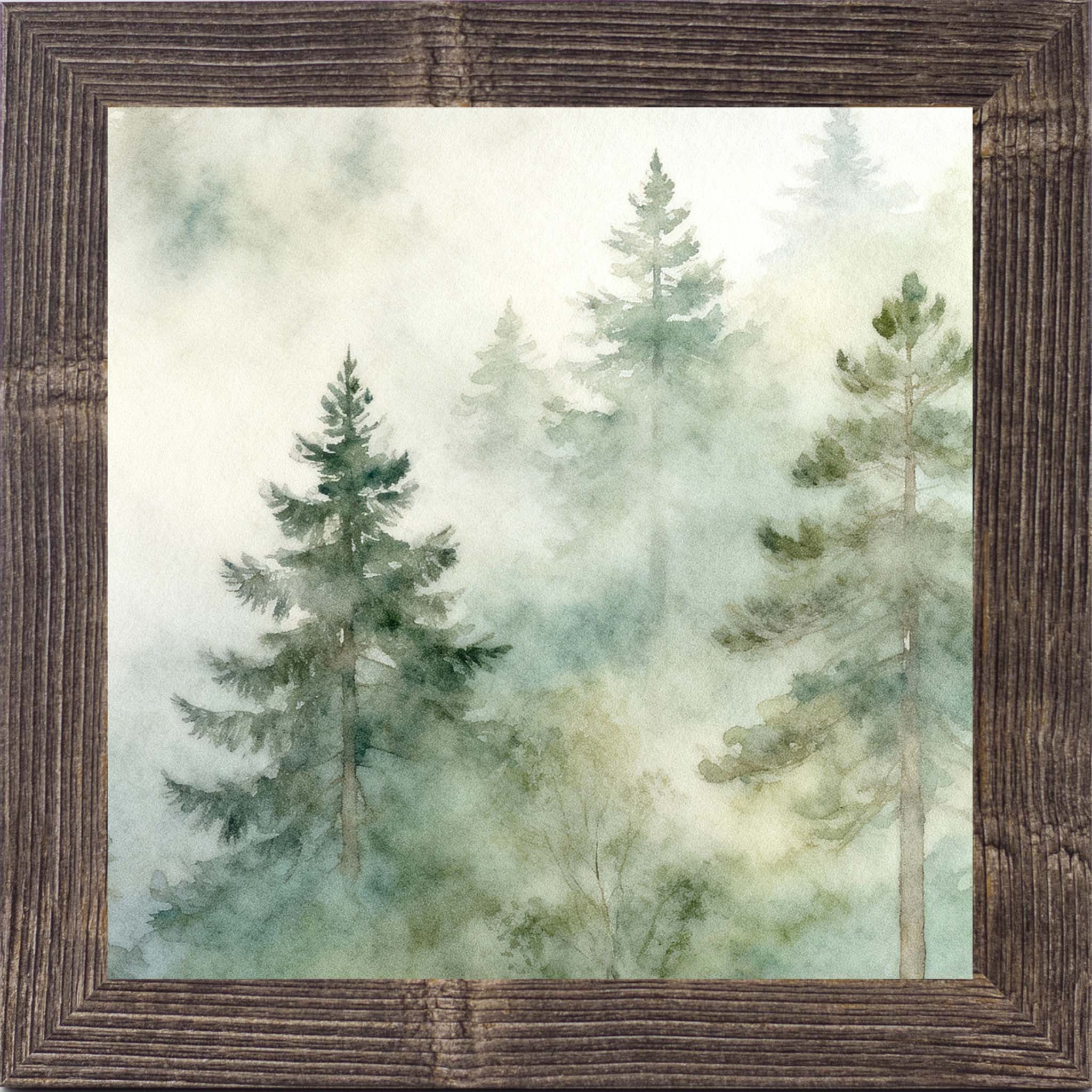 Misty Forest Trees – Calm Woodland Wall Art, Neutral Nature Decor, Framed Square Art (SB300)