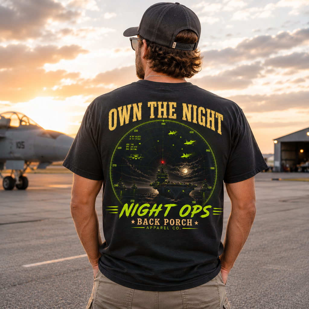 Own the Night Night Ops Comfort Colors Black Aircraft Carrier T-Shirt | Military Aviation Graphic Tee