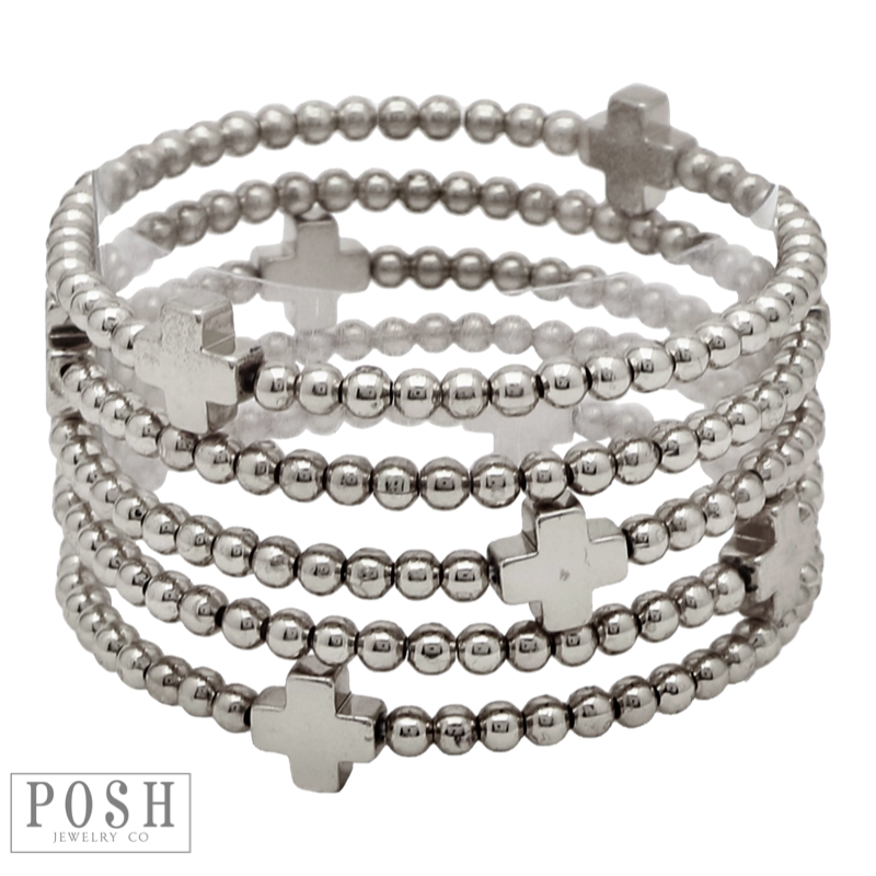 Beads and cross charm stack bracelet