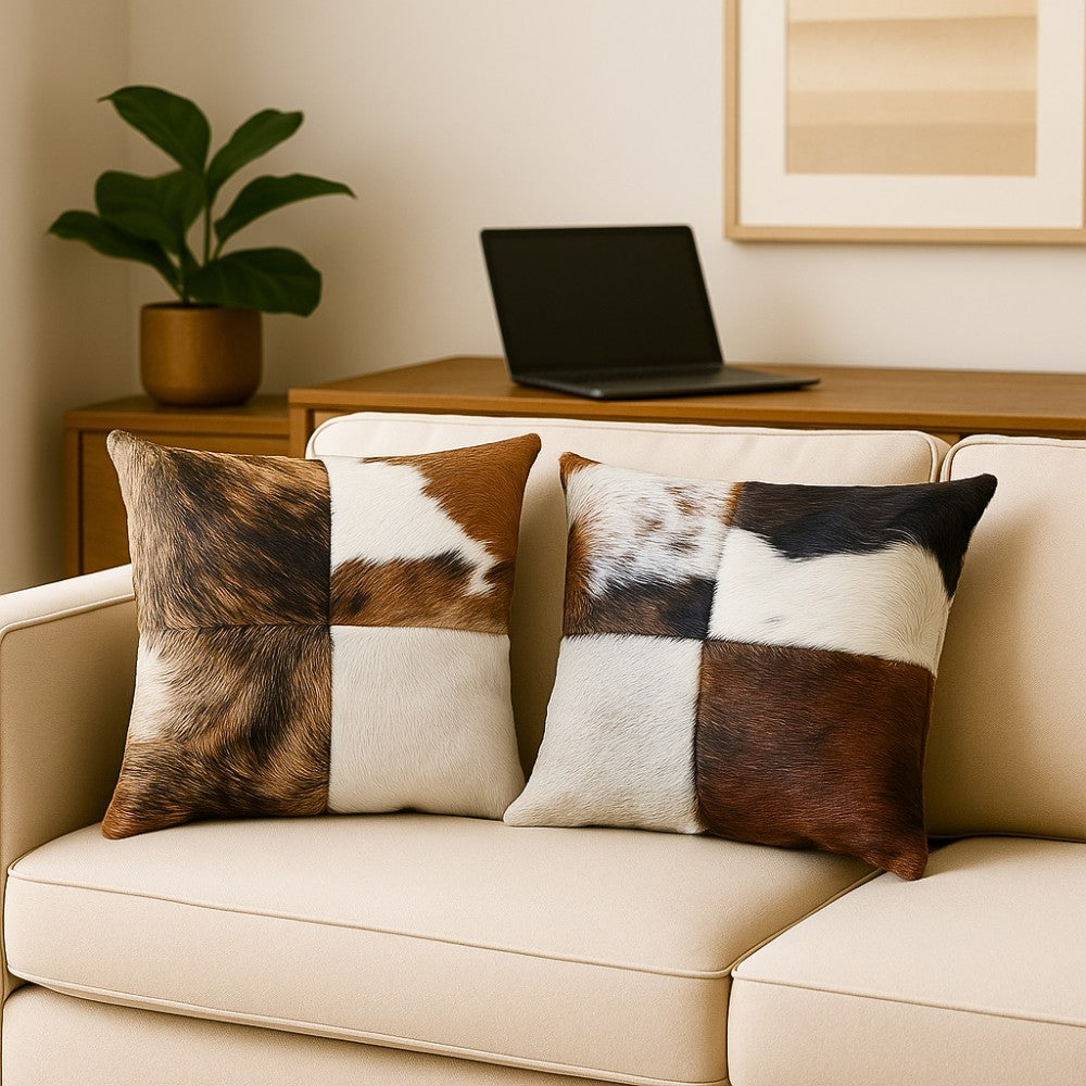 Genuine Cowhide Patchwork Pillow – Hair-on-Hide Both Sides, 16×16