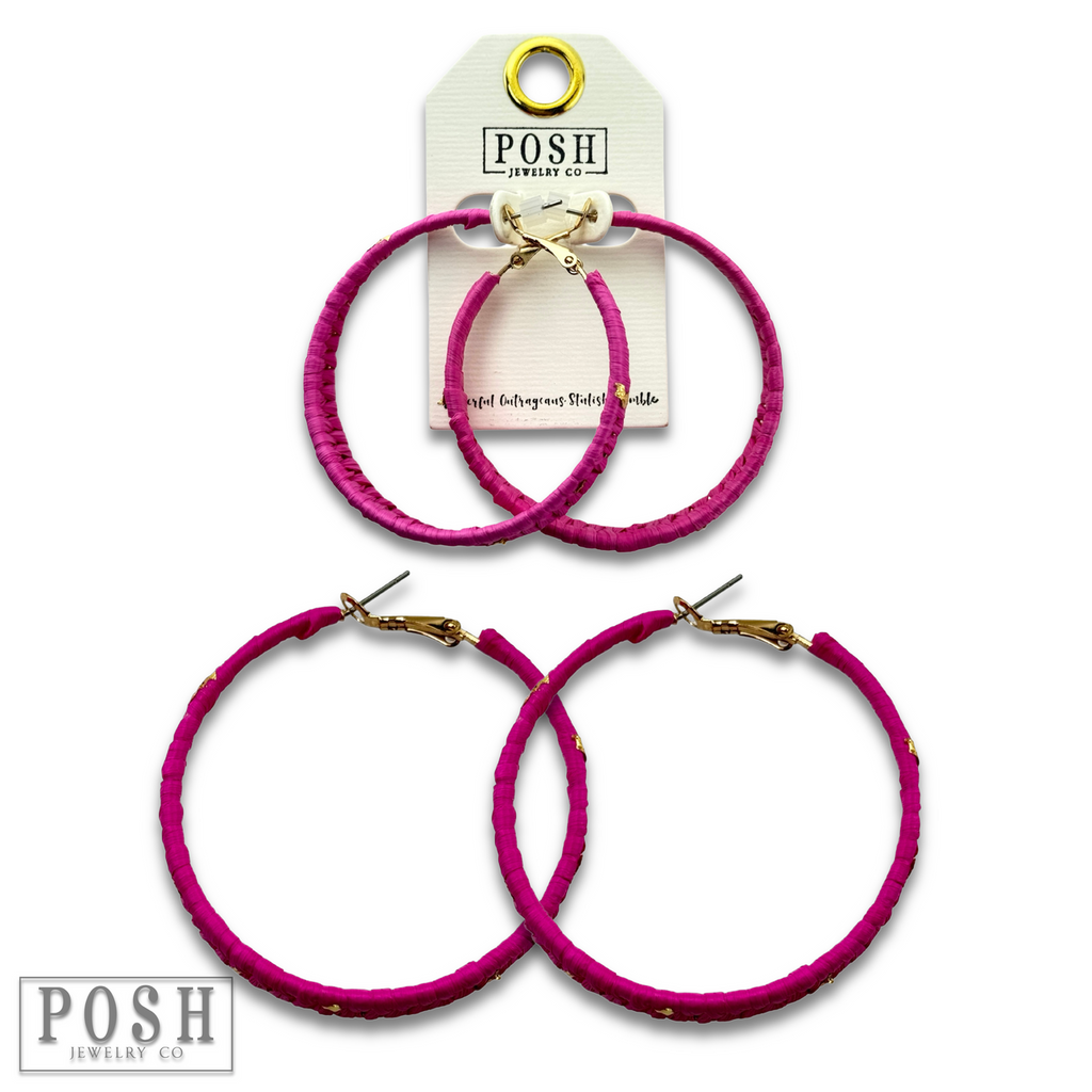Woven gold flecked raffia hoop earring, last call