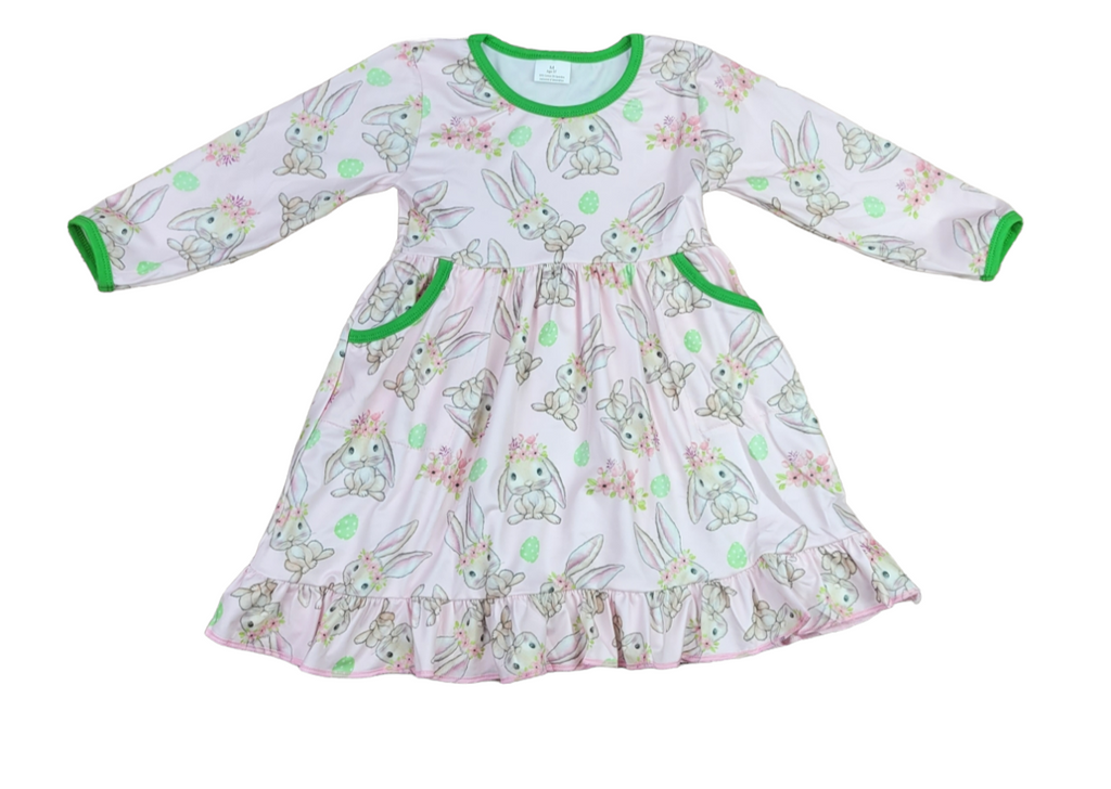Bunny Flower Crown Long Sleeve Pocket Milk Silk Dress