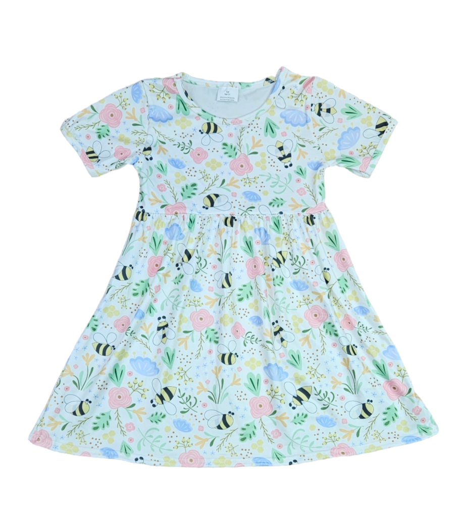 Pollinator Floral Short Sleeve Milk Silk Dress