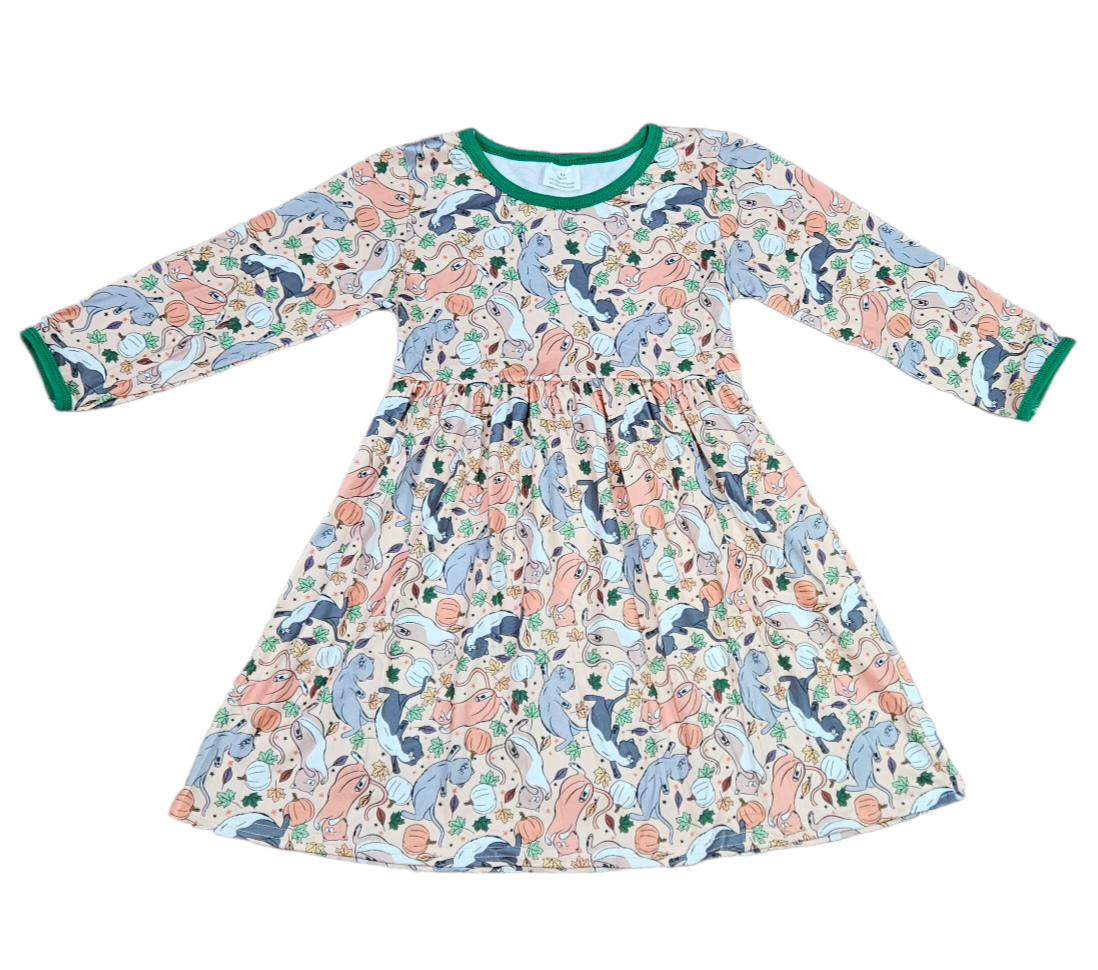 Kitties And Pumpkins Long Sleeve  Milk Silk Dress