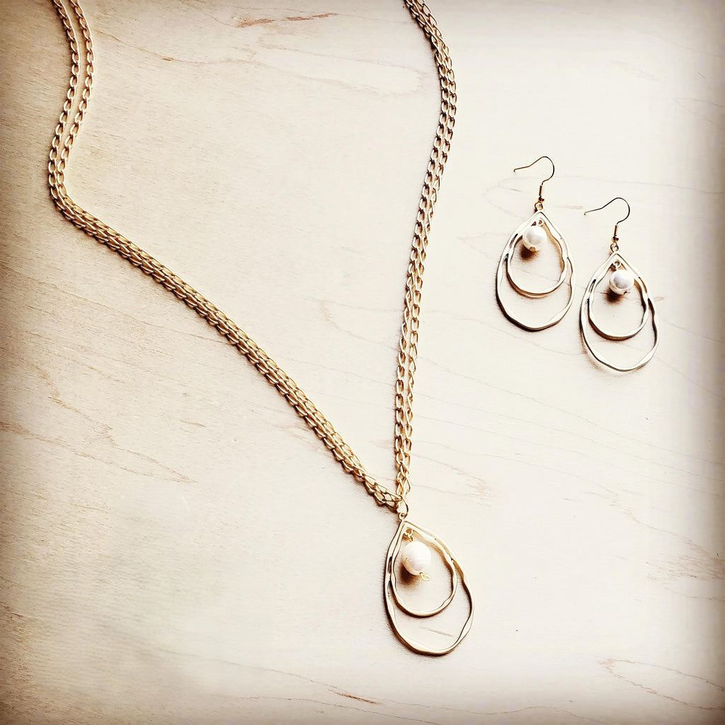 Matte Gold Double Hoop Earrings with Pearl Dangle 203t