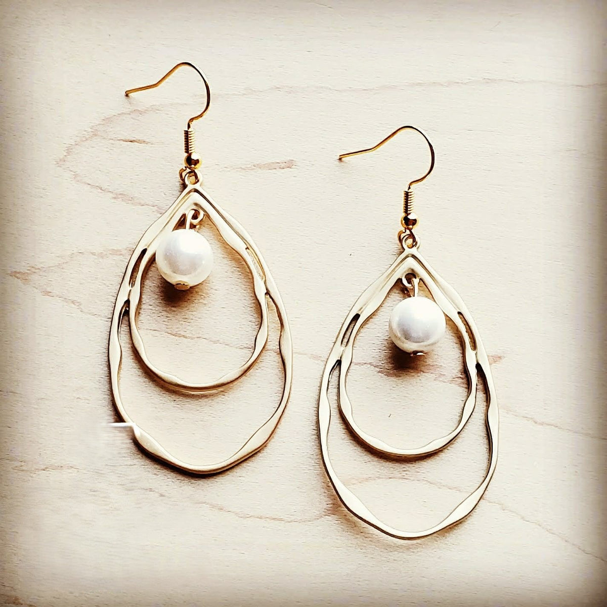 Matte Gold Double Hoop Earrings with Pearl Dangle 203t