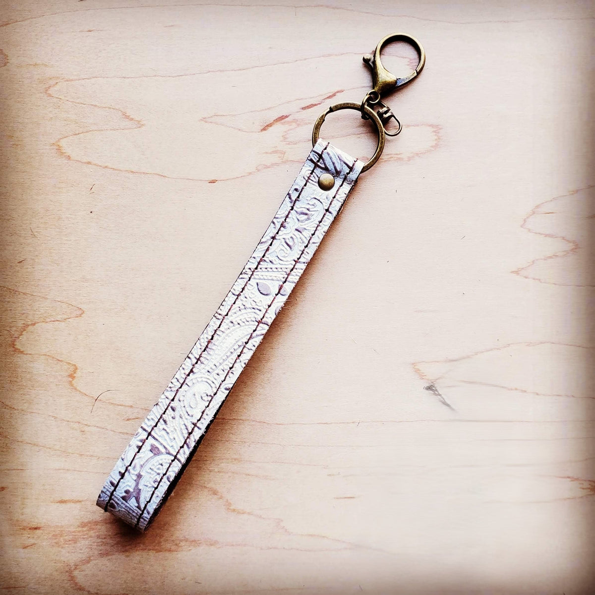 **Embossed Leather Key Chain Strap Oyster Paisley 701c