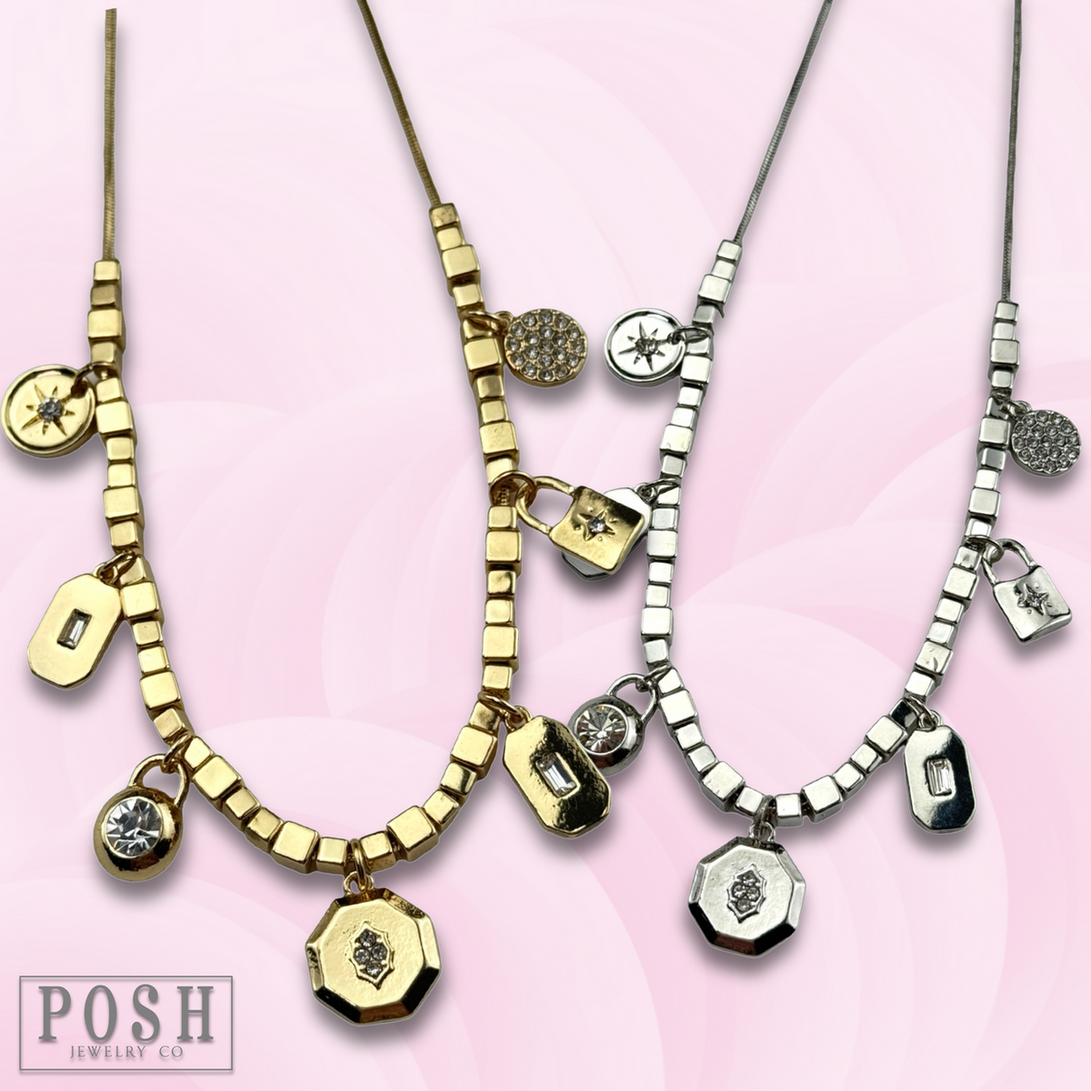 Cube bead and rhinestone charm necklace - LC