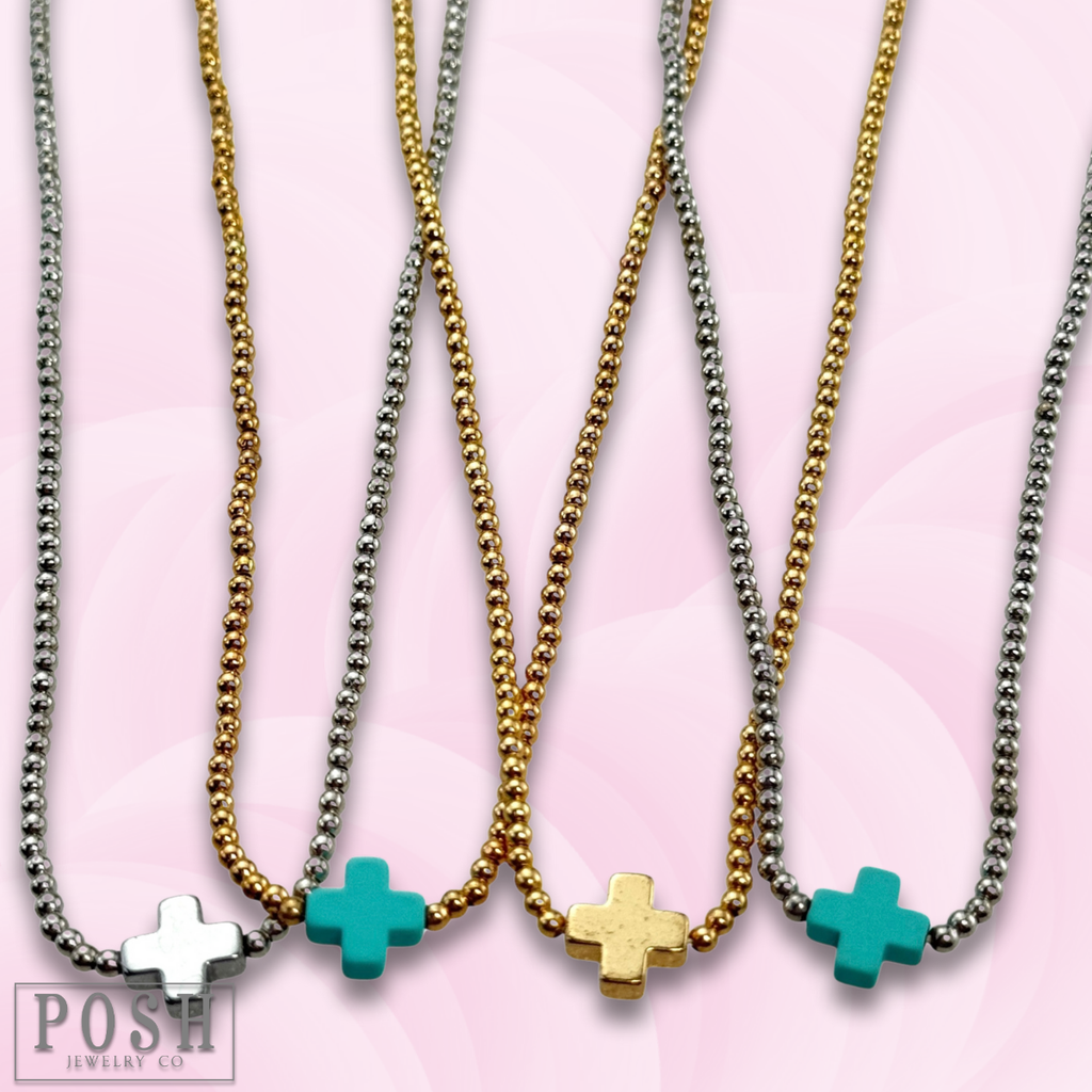 Bead chain cross layering necklace