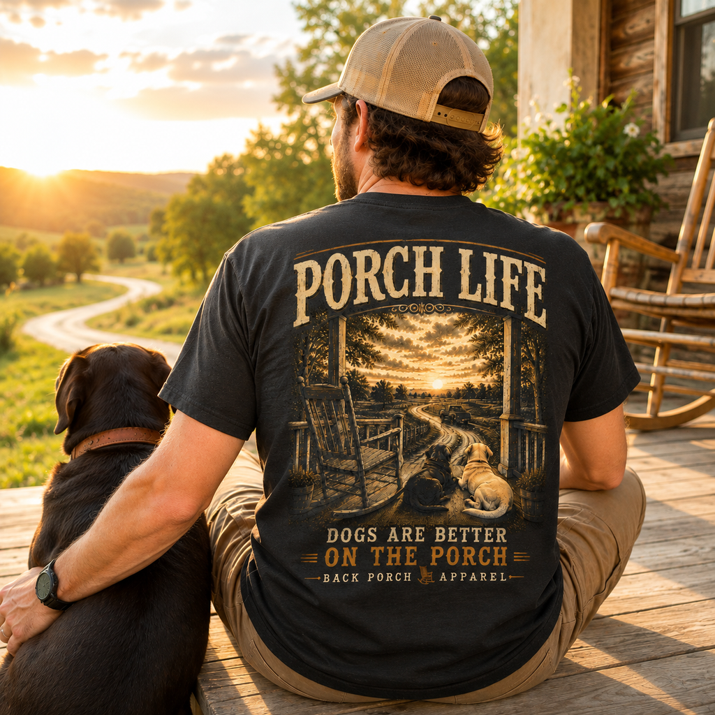 Porch Life Dogs Are Better on the Porch Comfort Colors Black T-Shirt | Country Dog Lover Graphic Tee