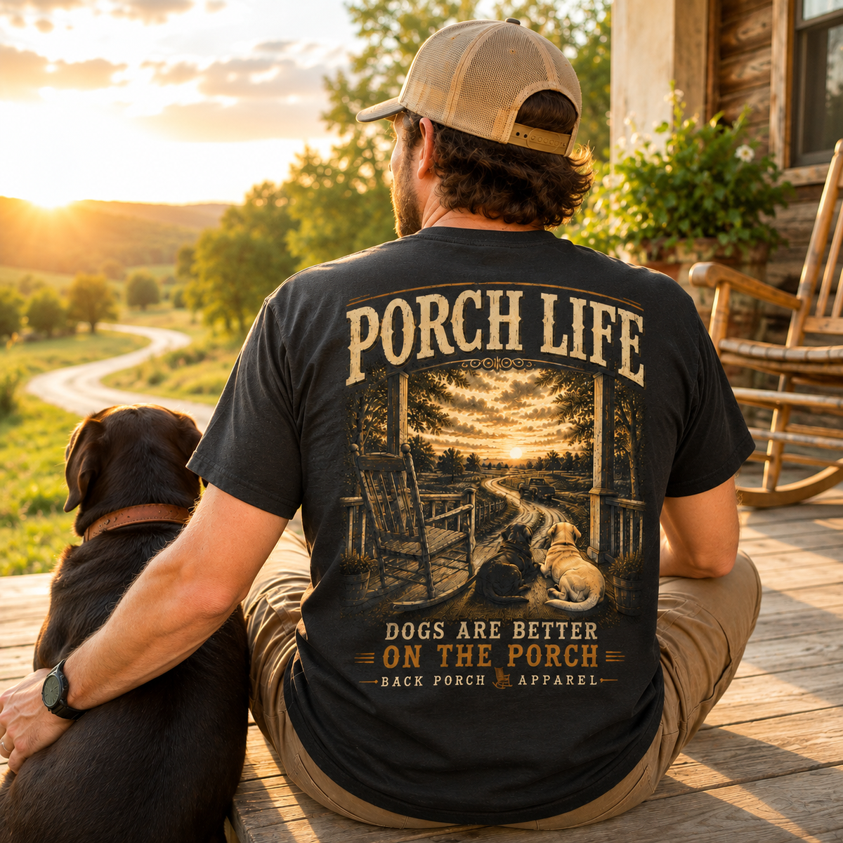 Porch Life Dogs Are Better on the Porch Comfort Colors Black T-Shirt | Country Dog Lover Graphic Tee