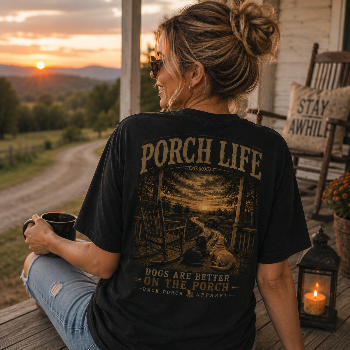 Porch Life Dogs Are Better on the Porch Comfort Colors Black T-Shirt | Country Dog Lover Graphic Tee