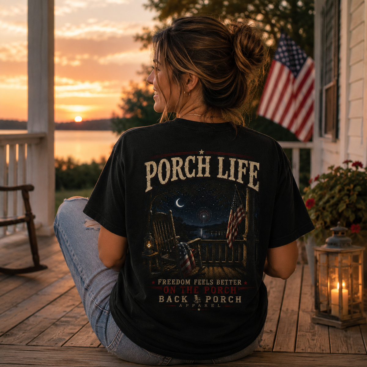 Freedom Feels Better on the Porch Life Comfort Colors Black Patriotic T-Shirt