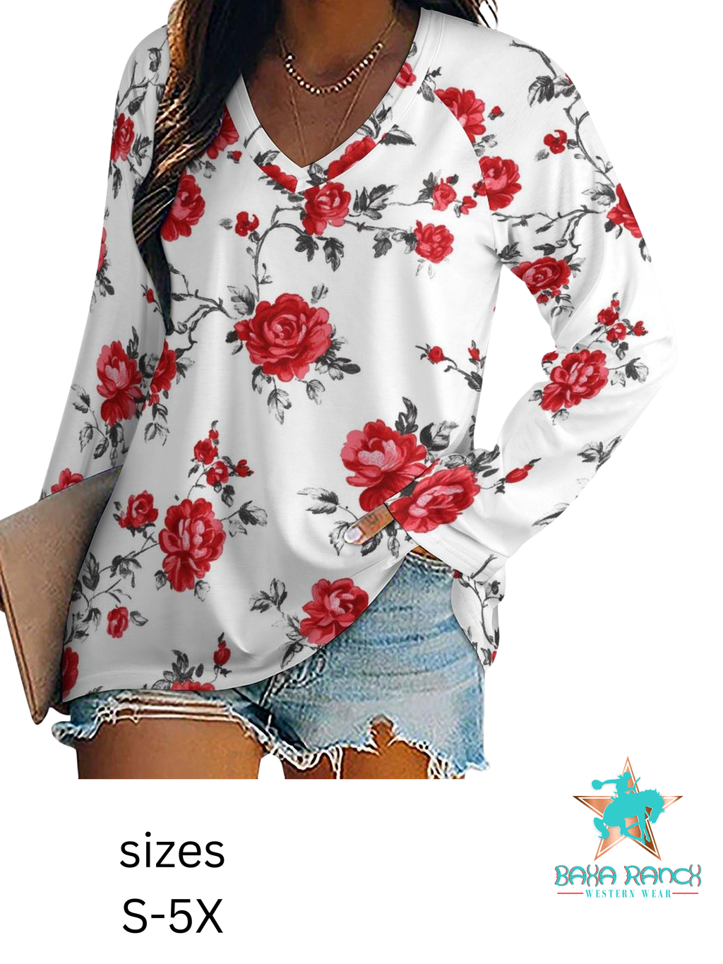 Baha Ranch Colores de Mexico Red Rose Floral Long Sleeve Top