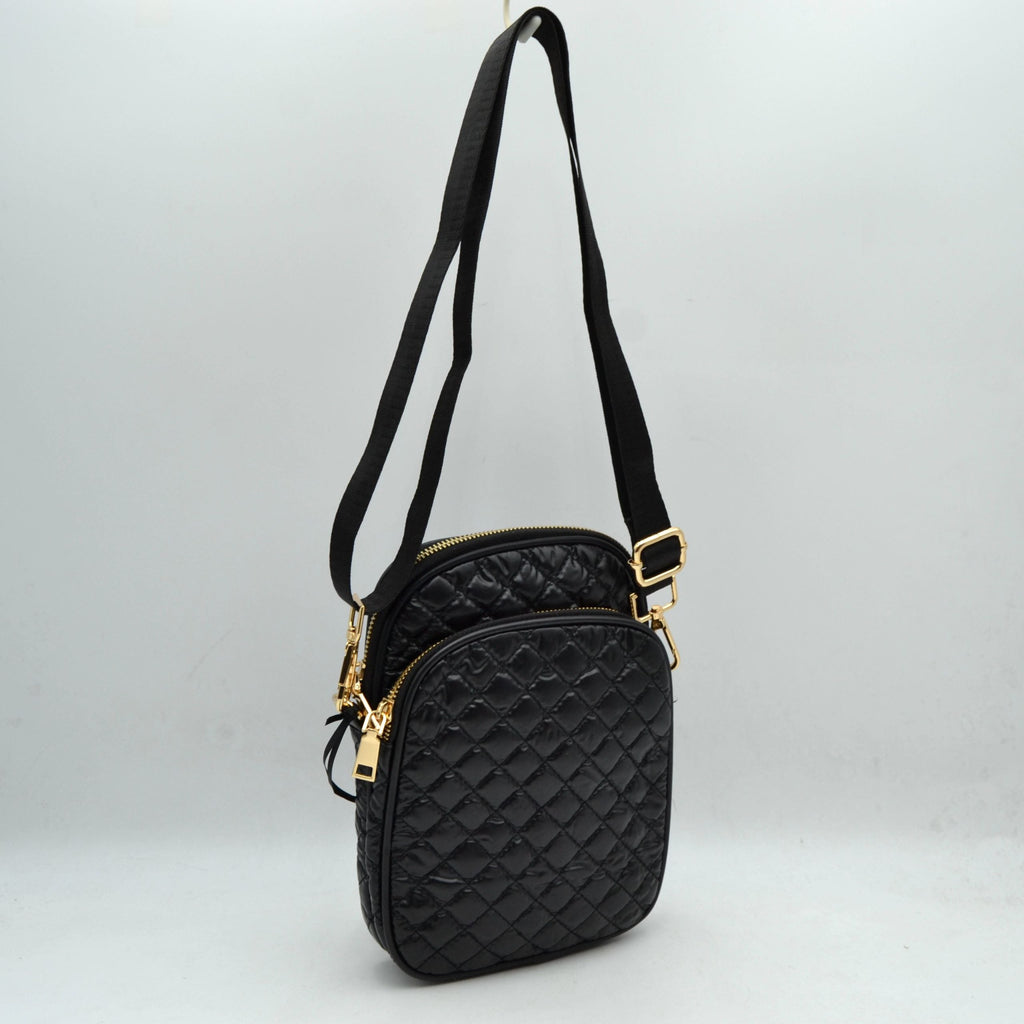 Quilted Puffer Crossbody Bag Multi-Zip Shoulder Bag with Adjustable Strap