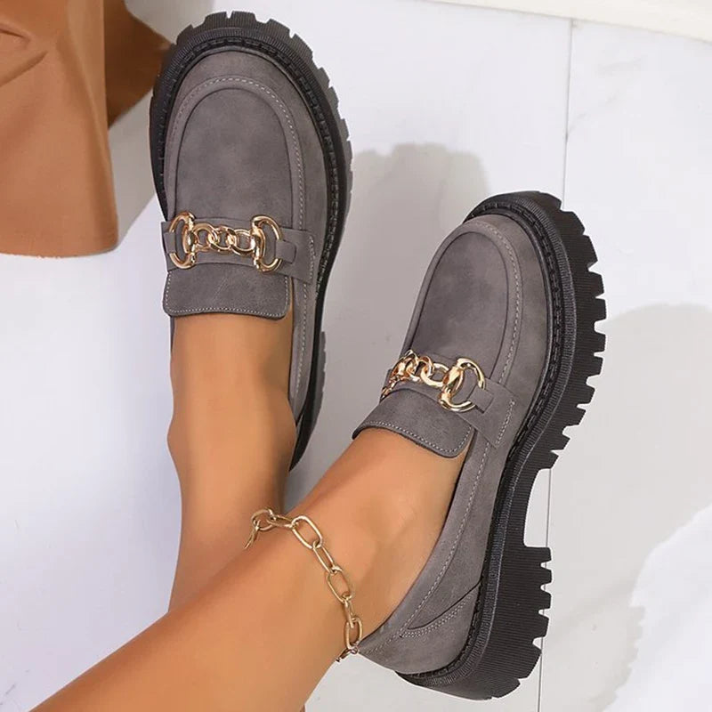Fashion Metal Decoration Loafers Shoes for Women 2025 Gray Non Slip Platform Casual Shoes Woman Faux Suede Slip On Shoes Mujer
